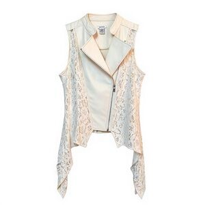Cream Vintage  Cream Faux Leather & Lace Asymmetrical Moto Vest